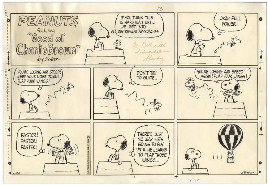 Charles Schulz Original Hand-Drawn Peanuts Sunday Comic Strip -- Snoopy Tries to Teach Woodstock How to Fly